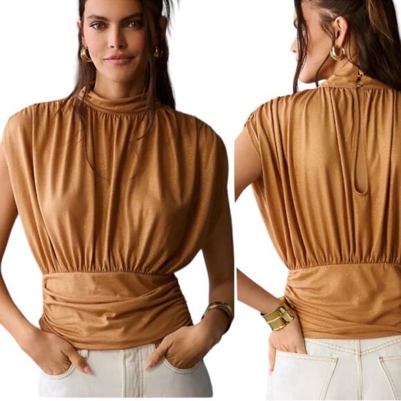 Anthropologie- Maeve- Ruched Metallic Mockneck Crinkle Muscle Tee Tank  - Large - Picture 1 of 12